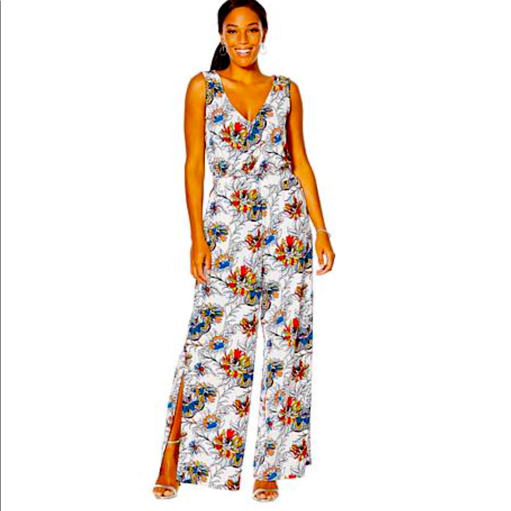 White / floral flowy knit jumpsuit